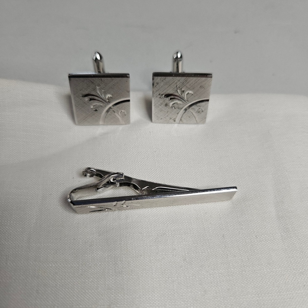 Vintage Swank Sterling Silver Cufflinks Tie Clip Set Etched Floral Mid‎ Century